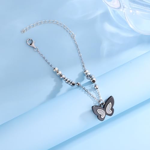 925 Sterling Silver Butterfly Bracelet with Beaded Chain, White Ceramic Charm,hollow out and Adjustable Length,Suitable for Mother's Day and Valentine's Day gifts3