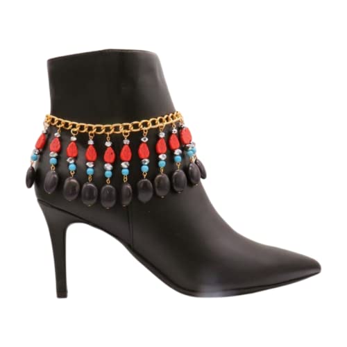 Women Western Boot Chain Bracelet Gold Metal Shoe Anklet Red Leaf Turquoise Beads Charm Jewelry #TOP2