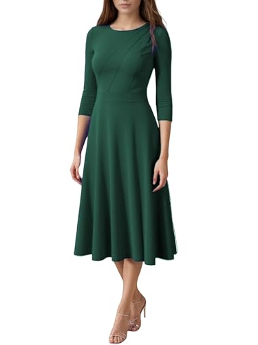 Women's Formal Cocktail Wedding Guest Dress for Women 3/4 Sleeve Fit and Flare Flowy Pleated Ruched Midi Semi Work Dresses