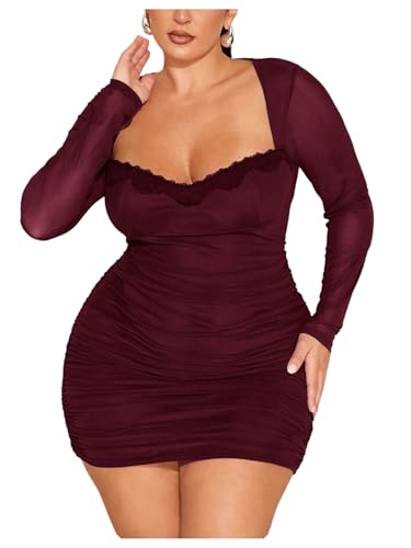 Image of Floerns Women's Plus Size Sweetheart Neck Mini Dress Lace Trim Bodycon Dresses