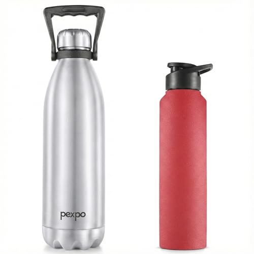 PEXPO Echo Pro 1750ml - Silver and Chromo Pro 950ml - Crimson Red Stainless Steel Water Bottle ISI Certified for Home, Office, Gym, Travelling