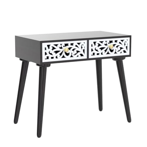 Image of Bed Side Engineered Wood Table With 2-Drawer Nightstand, Accent Or End Table With Storage With Carving Design (White)