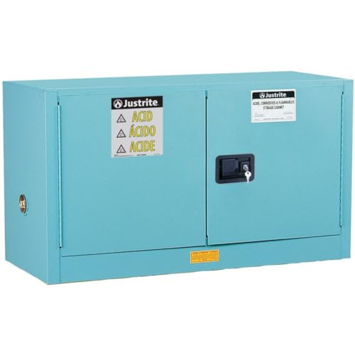 Image of Justrite Acid Corrosive Storage Cabinet - 17 Gallon 2 Door Self Close Chemical Storage Cabinet with Removable Polyethelene Trays - 18 inch x 24 inch x 43 inch - Made in The USA - Light Blue - 891722