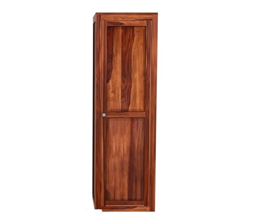 Image of Sheesham Wood Wooden Single Door Wardrobe Organizer for Clothes | - Solid Wood Almirah with 5 Shelves - Cupboard for Large Bedroom, Natural Finish