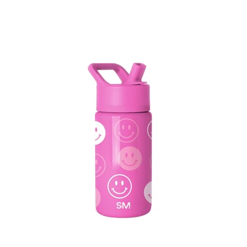 Image of Simple Modern Kids Summit Water Bottle with Straw Lid | 14oz Stainless Steel Cup Insulated Tumbler for Toddlers, School | Pink Happy Faces