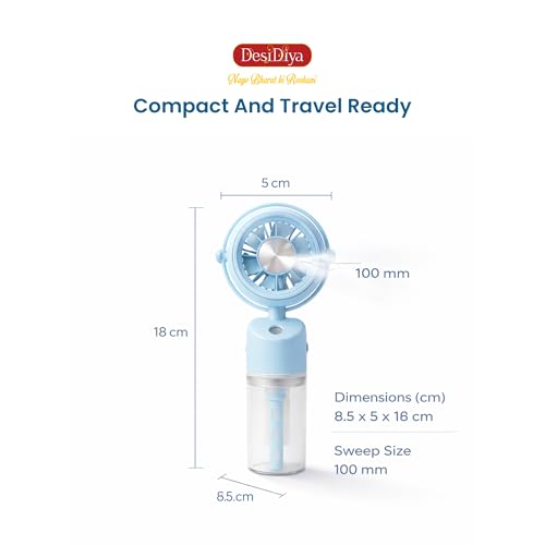Image of Desidiya Mini Portable USB Rechargeable Hand Fan With Mist Diffuser 8000 RPM, 1200mAh Rechargeable Battery, Up to 6H Runtime, 3 Speed Modes With Mist Button Hand Fans for Summer, Blue Colour