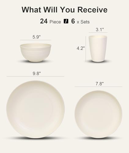 Image of Quatish 24 Piece Plates and Bowls Sets for 6, Unbreakable Dinnerware Sets, Dish Set for Camping, Dishwasher Microwave Safe, Outdoor Kitchen and Apartment Dorm Dinning RV Essentials, Beige