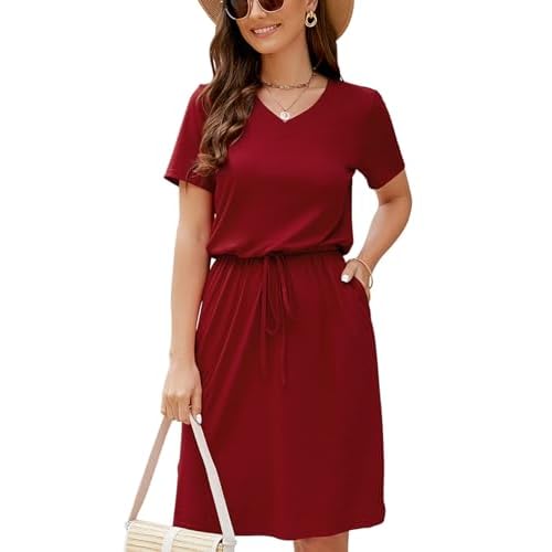HUSKARY Women Summer Casual Midi Dresses Short Sleeve V Neck Drawstring Knee Length T Shirt Dress with Split and Pocket Wine Red Large