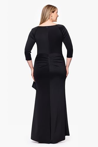 Image of Xscape Women's Plus Size Long 3 /4 Sleeve V-Neck Side Ruched Dress, Black, 16W