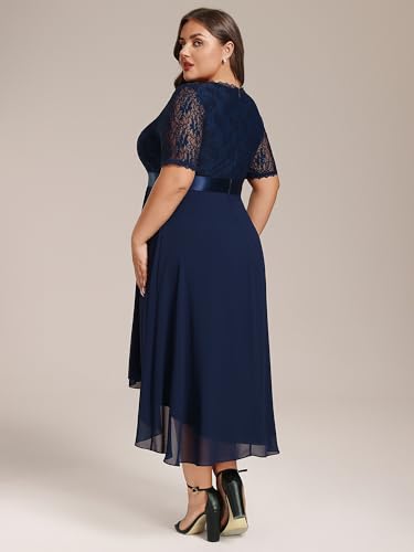 Image of Ever-Pretty Women's V Neck Pleated A Line Lace Chiffon Half Sleeves Midi Plus Size Cocktail Wedding Guest Dresses Navy Blue US24