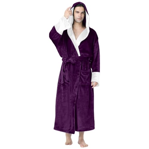 Thatrich Bathrobes for Men Thermal Sleepwear Fleece Sherpa Pajamas Full Length Lounge Robe Plush Hoodie Pajama Set Oversized