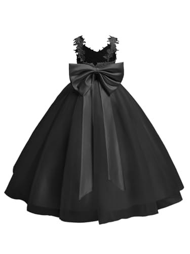 Lace Applique Flower Girl Dress for Wedding Kids Puffy Tulle Satin Long Pageant Princess Dress Bowknot Prom Ball Gowns