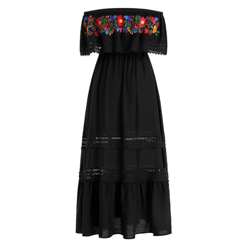 Mexican Dress for Women Traditional Off Shoulder Embroidered Present Casual Lace Long Maxi Dress Cinco de Mayo Outfit2