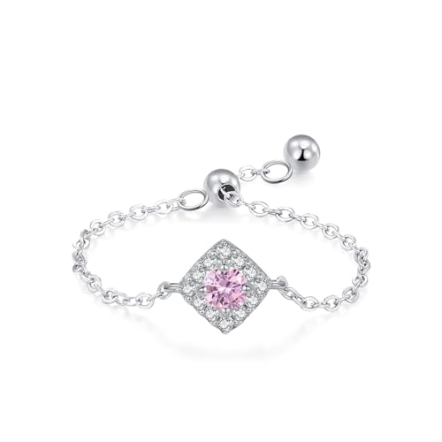 Bague de fiançailles pour femme réglable en argent 925 cristal rose rond