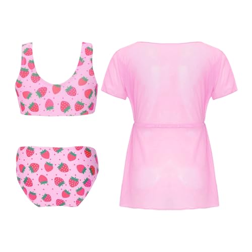 Kids Girls Strawberry Bikini Sets Drawstring Kimono Wrap Bikini Top Brief Bathing Suits4