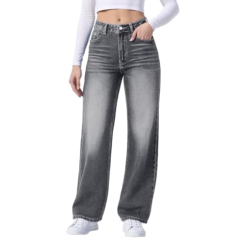 Jean denim extensible femme taille haute pantalon droit décontracté