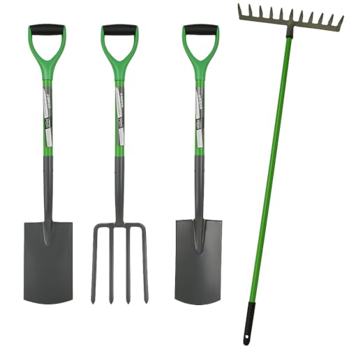 RANRHA 4-Piece Heavy Duty Garden Tool Set – Includes Digging Spade, Border Spade, Garden Fork & Rake – Rust-Resistant Steel with Comfort Grip Handles for Soil, Lawn & Landscaping Work