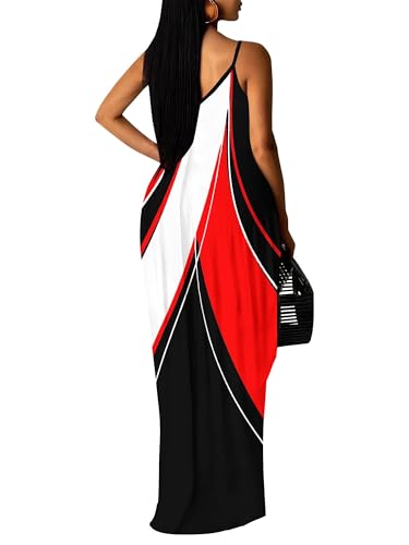 Image of Women's Summer Maxi Dress Spaghetti Strap Floral Boho Beach Long Sundress with Pockets