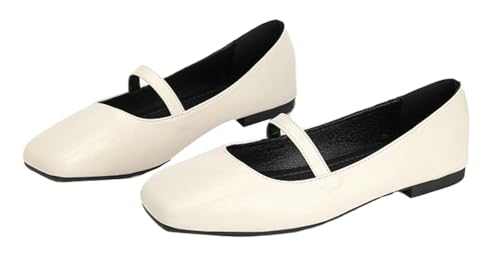 Niction Mary Jane Women's Flat Square Toe Solid Ballet Flats with Ankle Strap Slip on Comfortable Casual Dressy Office Party