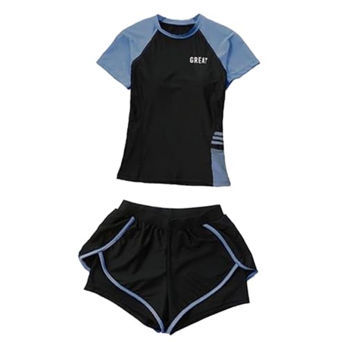 Evita rozaduras con este traje de neopreno de manga corta y bikini de dos piezas azul negro 2XL