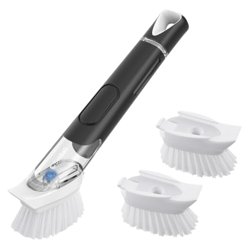 Image of SetSail Dish Brush with Soap Dispenser, Stiff Bristles Dish Scrubber Set | Built-in Scraper with 3 Pack Replaceable Brush Head Dish Scrub Brush with Non-Slip Handle for Kitchen Sink, Dishes, Pans, Pot