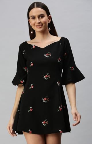 Image of SHOWOFFFF Women Solid Fit and Flare Casual Dress | Off Shoulder 3 /4th Sleeves Cotton Dress for Womens | Mini Dress for Women's