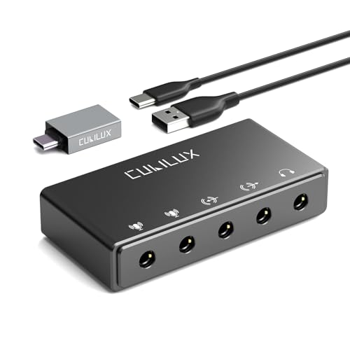 Cubilux CB5 USB Audio Interface for Recording, Streaming, Podcasting, USB to 3.5mm Sound Card with Stereo Microphone Input, Line-In, Line-Out & Headphone Jack for Monitors, Support Windows & Mac OS