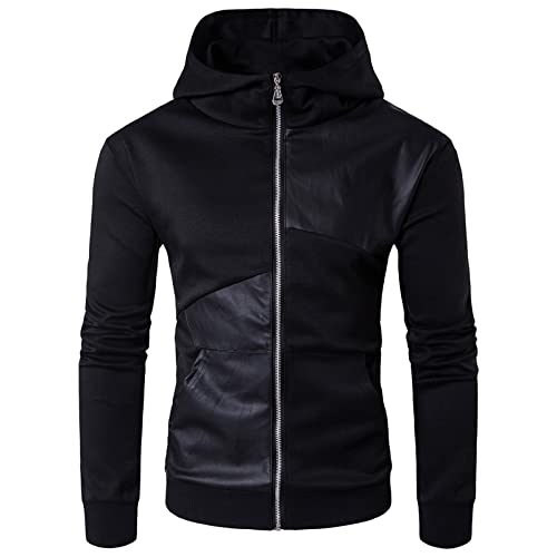 Lbskux Men's Hoodie Jacket Pu Faux Leather Casual Zip-Up Patchwork Sweater Jackets Cardigan Hooded Coats Warm Pullover Overcoat Black, X-Large #TOP1