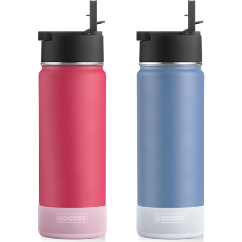 Image of koodee 2 Pack Water Bottle 26 oz Stainless Steel Double Wall Vacuum Insulated Water Bottle With Straw Reusable BPA Free (Canyon Red-Royal Blue)