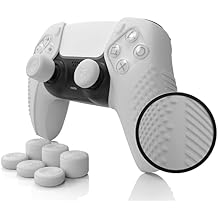 SensePro PS5 Controller Skin | Dock Compatible, Soft Flat Anti-Slip Studded Silicone Gel Grip Cover for Playstation 5 Dualsense, Rubber Protector Plus 8 Raised Thumb Grip Caps PS5 White