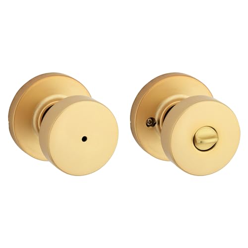 Kwikset Pismo Interior Privacy Door Knob with Lock, Door Handle for Bathroom and Bedroom, Satin Brass Keyless Turn Lock Doorknob