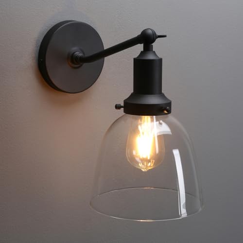 Image of PERMO Industrial Sconces Slope Pole Sconce with 6.7 inch Oval Dome Clear Glass Shade Matte Black Wall Sconce Wall Mount Light Fixture for Bathroom Bedroom Entryway Home Office Kitchen