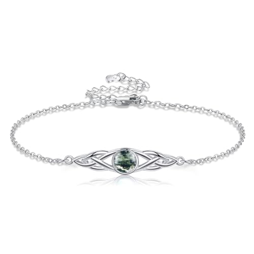 VONALA Celtic Sterling Silver Moss Agate Bracelet Irish Leaf Knot