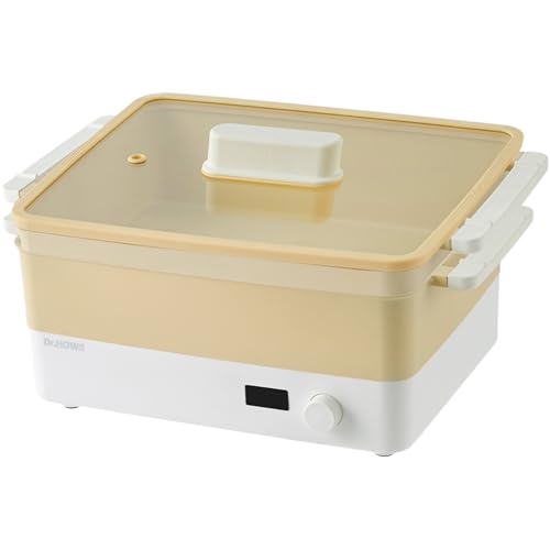 Dr.HOWS Doran Doran 3 in 1 Electric Skillet, Combo Multi Cooker, Rectangle Hot Pot Fryer Pan Griddle and Grill with Safe Nonstick Coating, Steady Heat, Glass Lid (yellow)