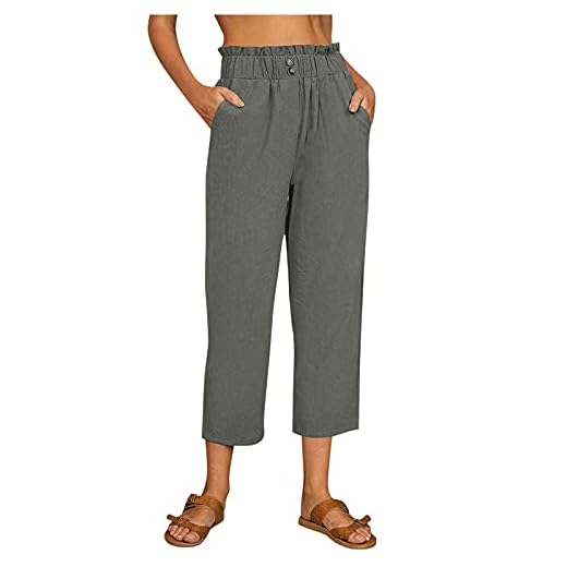 Mackneog Elastic Summer Capris for Women Casual Lightweight High Rise Summer Ruffled Pants Linen Capri Pants for Women Cotton Grey