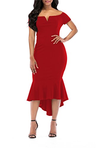onlypuff Women's Elegant Mermaid Dress Long Bodycon Off Shoulder Dress Red X-Large