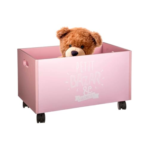 Avilia Baúl para juguetes – Baúl para juguetes con ruedas, de madera MDF 48 x 28,5 x 28 cm, rosa
