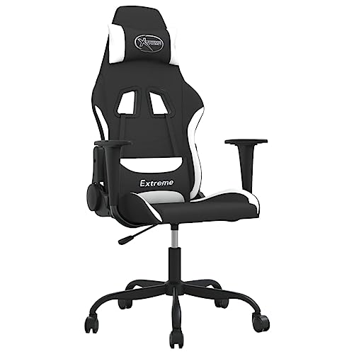vidaXL Chaise de Jeu de Massage Pivotante Chaise d'Ordinateur Chaise de Bureau Fauteuil Dossier Réglable Intérieur Noir et Blanc Tissu