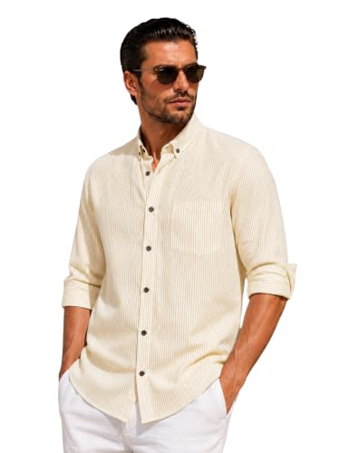 Majestic Man Men’s Vertical Striped Cotton Linen Shirt | Slim Fit...