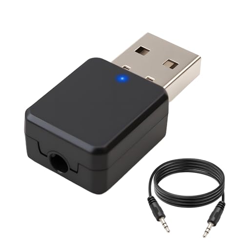 Adaptador USB Bluetooth 5.1 para Coche y PC con Salida AUX/USB, Mini Adaptador de Audio Portátil, Receptor Bluetooth con Cable de Audio de 3,5 mm para Llamadas Manos Libres y Altavoces