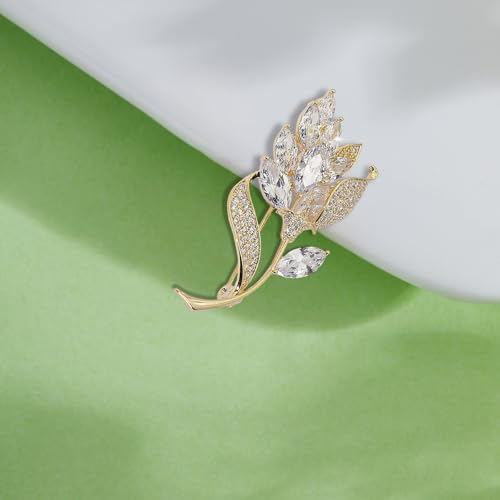 Image of Gold Crystal Flower Leaf Brooches for Womne Elegant Rhinestone Pearl Floral Brooch Pins Fashion Jewelry Brooch pin Accessories for Women Men Gift