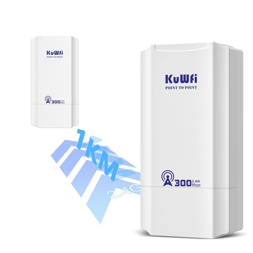 KuWFi 2.4G 300Mbps Network Wireless Ethernet Bridge, Outdoor CPE WiFi Point to Point Wireless Access Point Internet Bridge 1KM Long Range Distance Solution for Extend starlink Router Signal 丨2-Packs