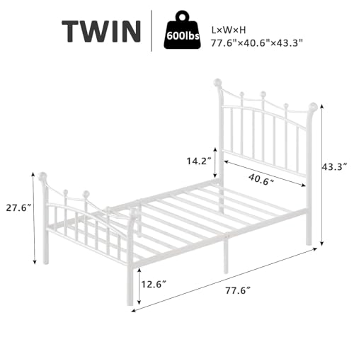 Hombck White Metal Twin Bed Frame with Crown Headboard