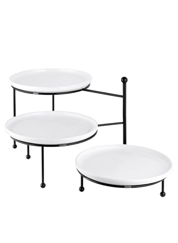 Yedio 3 Tiered Serving Stand with White Porcelain Plates, 10' Round Tray, Dessert Table Display Set, Round Dishes with Black Metal Display Stand for Veggie, Fruit, Cookies, Black