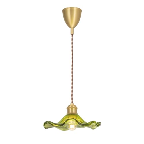 智光電気 真鍮 グラス シェード ペンダントライト オシャレ 昭和レトロ アンティーク ライト 照明器具 E26 LED 対応 玄関 ダイニングライト リビングライト 引掛けシーリング用 蓮の葉 セラミック＆銅製ソケット（新仕様･グリーン）