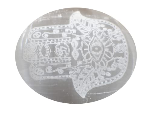 Image of Amazing Gemstone Selenite Palm Stone - Hamsa Hand Engraved Hot Massage Worry Stone for Natural Body Chakra Balancing, Reiki Healing and Crystal Grid