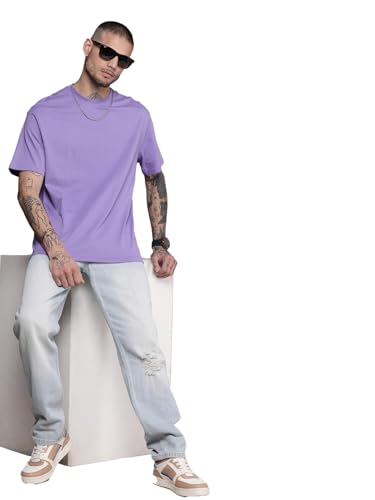 Image of LEOTUDE Half Sleeve Oversized Tshirt for Men, Round Neck Cottonblend Drop Shoulder Solid T-Shirt (Color Multicolor)