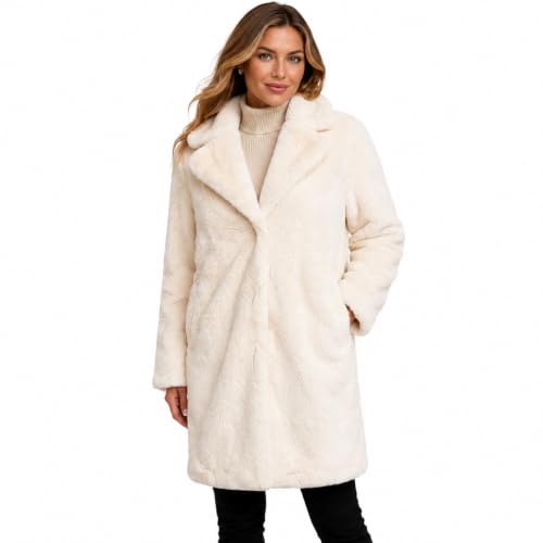URBAN REPUBLIC Womens Long Faux Fur Coat - Lapel Collared Fur Coats for Women Winter Fuzzy Jackets with Pockets (Sizes: S-XL), Size X-Large, Ivory