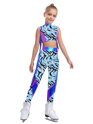 YEAHDOR Girls Hip Hop Jazz Dance Outfits Zebra Print Metallic Crop Tops and Skinny Leggings Athletic Outfits Blue 8 Years