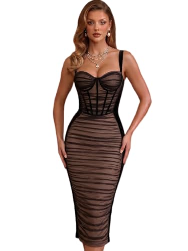 Image of houstil Women's Strap Wedding Guest Dress Velvet Mesh Bodycon Cocktail Party Fishbone Mini Clubwear